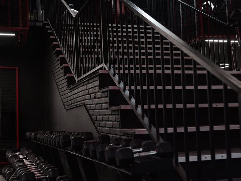 Row of heavy dumbbells in a dark high-end gym